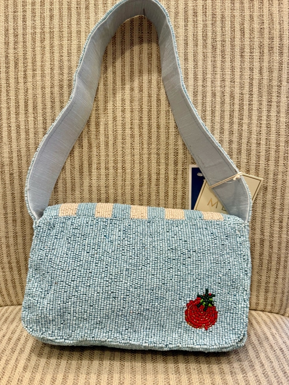 New Release Sol & Mer Beaded Bag Pasta Bowl & Fork in Light Blue and Cream - Picture 2 of 5